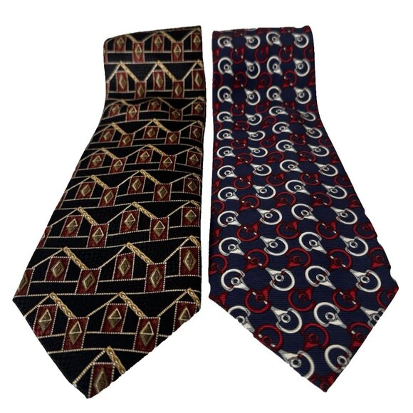 Cole Haan Mens Set Lot of 2 Ties Black Navy Geo Print Quiet Luxury Heritage Work - Picture 1 of 11